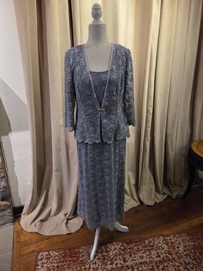 R & M Richards Silver Gray Lace Sequin Dress Set